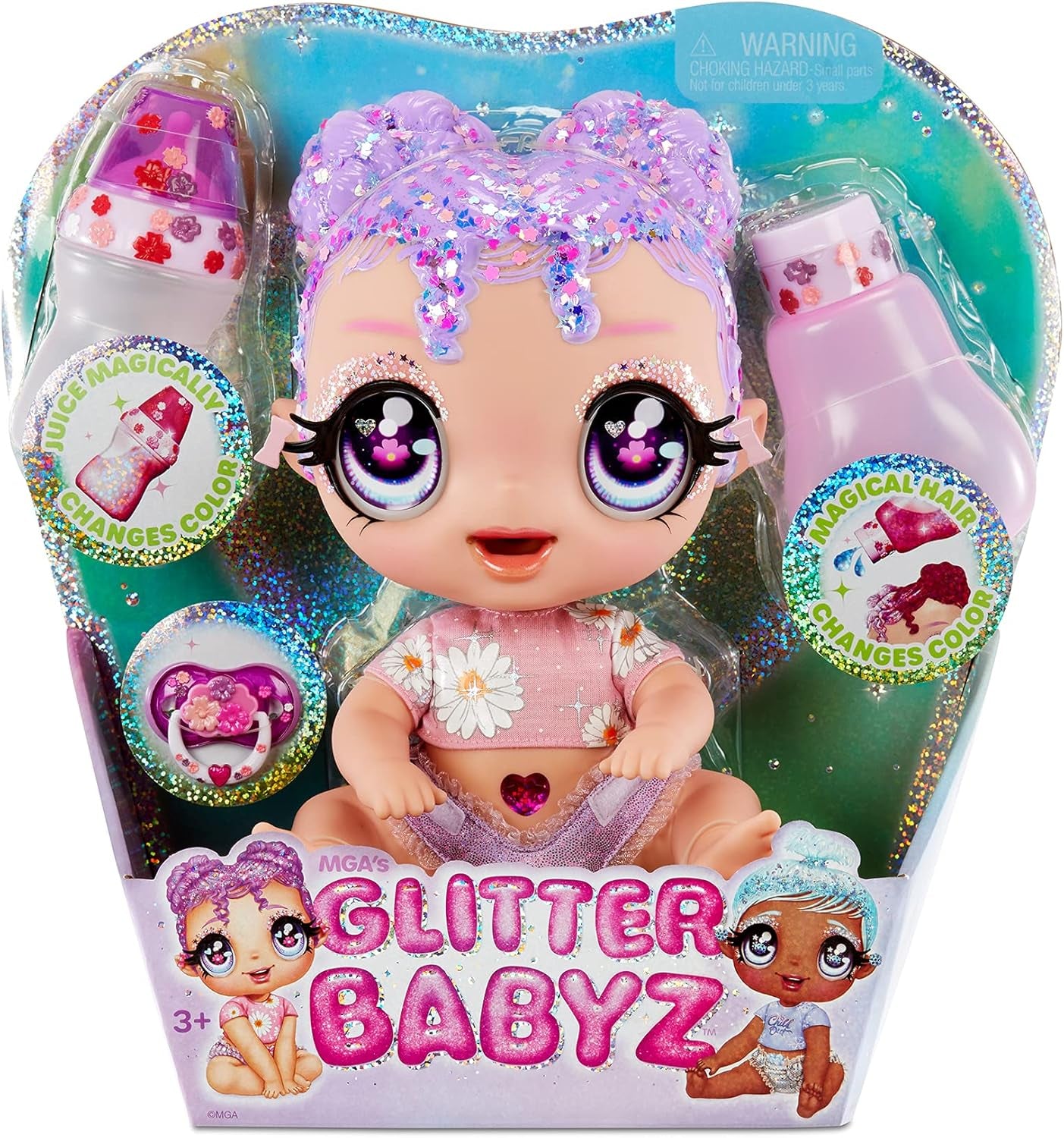 MGA Glitter Babyz – LILA WILDBLOOM – Babypuppe mit 3 magischen Farbwechseln durch eiskaltes Wasser – mit lila Glitzerhaaren, Wildblumen-Outfit, Windel, Flasche und Schnuller – für Kinder ab 3 Jahren