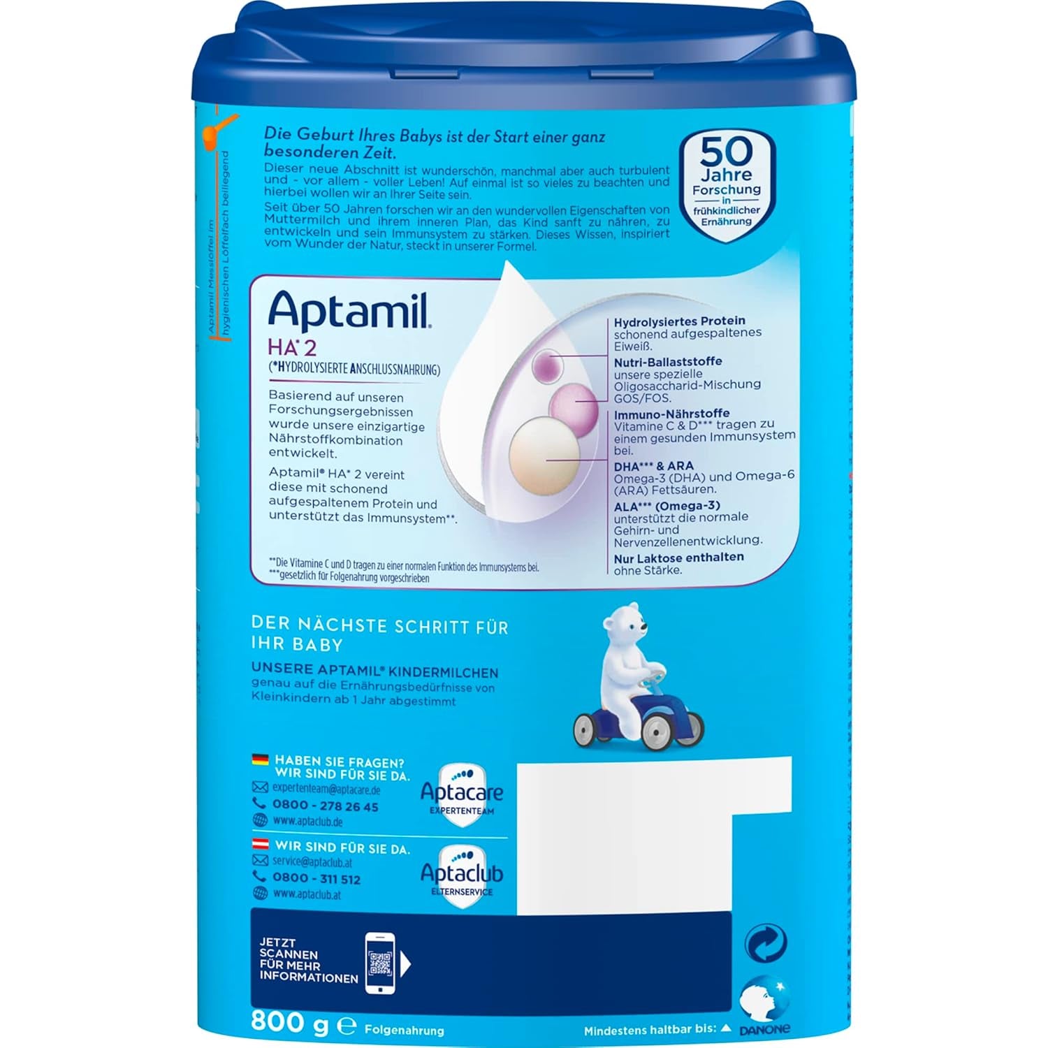Aptamil HA 2 – Folgenahrung nach 6 Monaten, mit Omega 3 und 6, DHA, ARA und ALA, Laktosefrei, Palmölfrei, Babynahrung, Milchpulver, 1 x 800g (4er Pack)