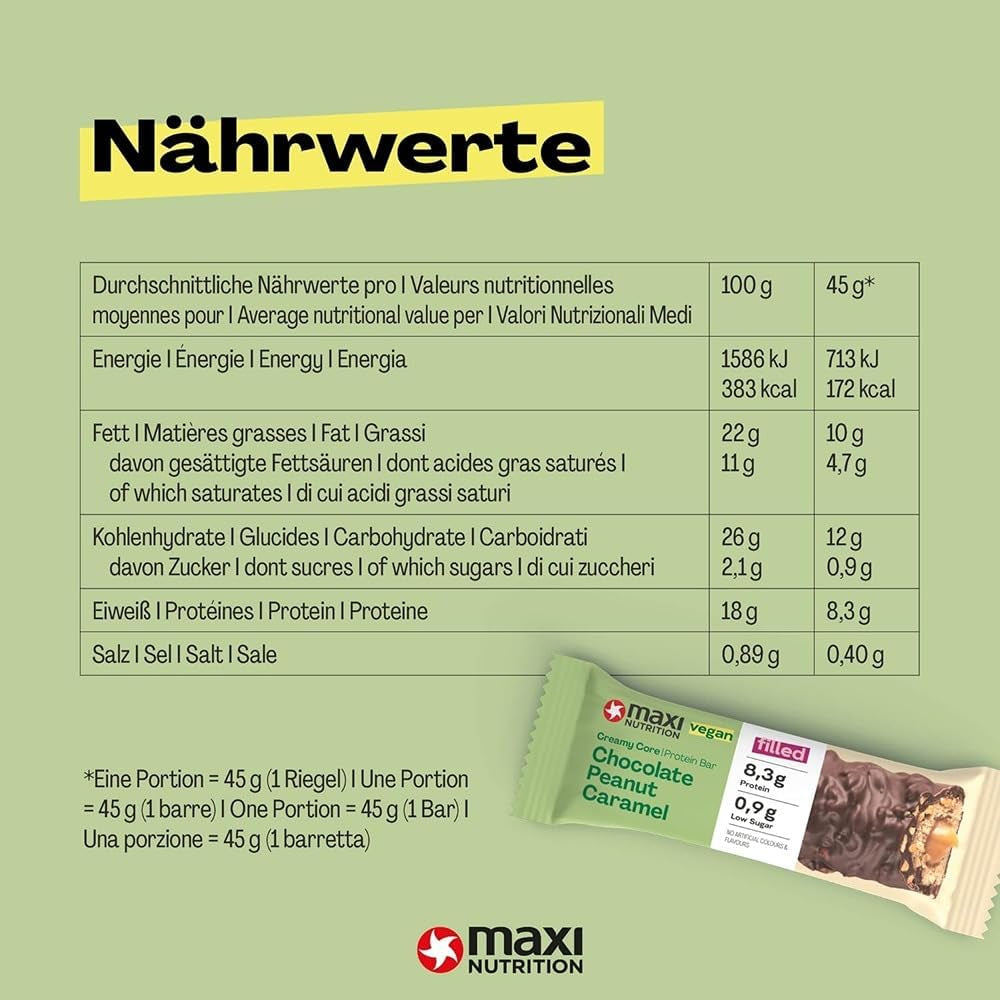 MaxiNutrition Cremiger veganer Proteinriegel mit Schokolade, Erdnüssen und Karamell 12x45g – veganer Proteinriegel, 18% Protein, 8,3g pro Riegel, geringer Zuckergehalt (0,9g), kein zugesetzter Zucker, keine künstlichen Aromen