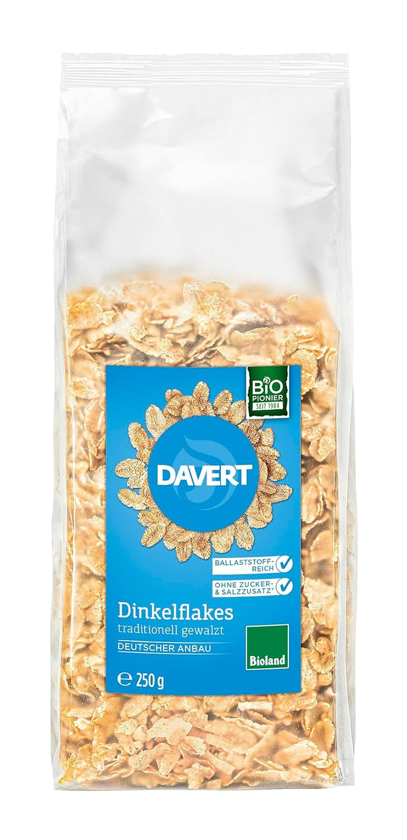 Davert Bio Dinkelflocken 250g – Ohne Zucker- und Salzzusatz, leicht aromatisiert und wunderbar knusprig – 100% Davert Bio-Qualität (1 x 250g)
