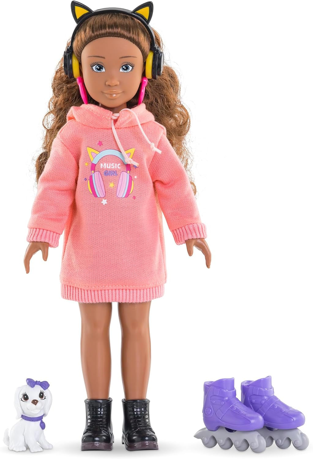 Corolle Girls Melody Music und Fashion Set, Knöchelpuppe im coolen Hoodiekleid mit Hund, trendige Kopfhörer, Ohrringe und extra Inlineskates, Vanilleduft, 28cm, ab 4 Jahre