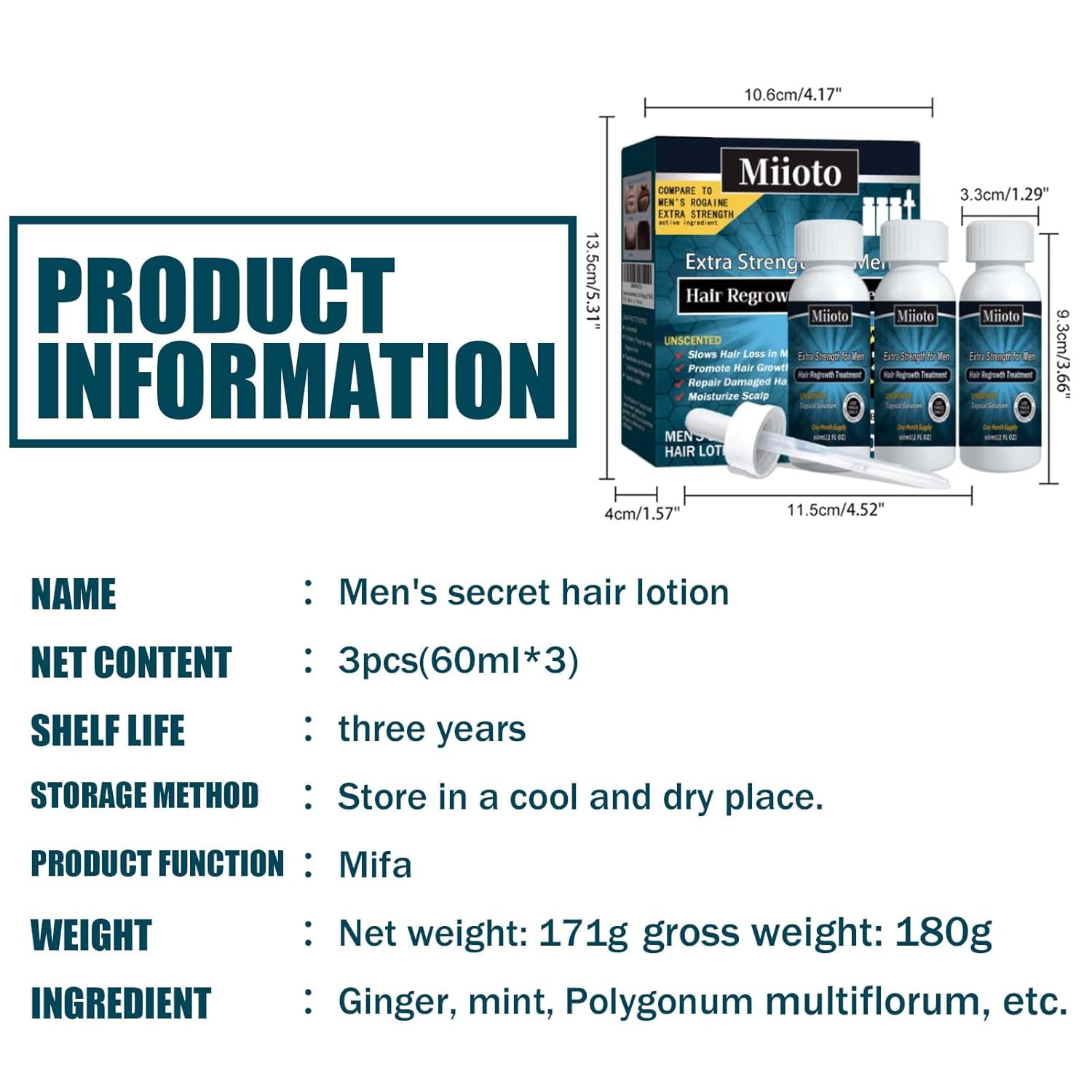 Miioto ser de creștere a părului, produs de creștere a părului pentru bărbați, ser de păr pentru creșterea părului, îngrijirea scalpului promovează părul mai gros hrănește scalpul și previne căderea părului, 3 * 60 ML Ingrijirea parului Naty Shop