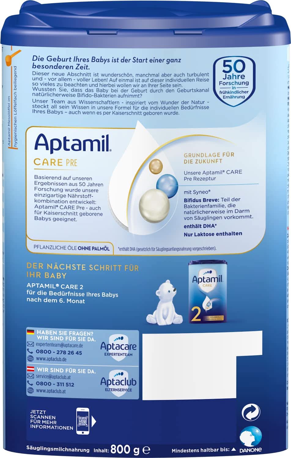 Aptamil Care PRE - Anfangsmilch von Geburt an, mit DHA, nur Laktose, ohne Palmöl, Babynahrung, Milchpulver, 1x 800 g Mutter und Kind Naty Shop