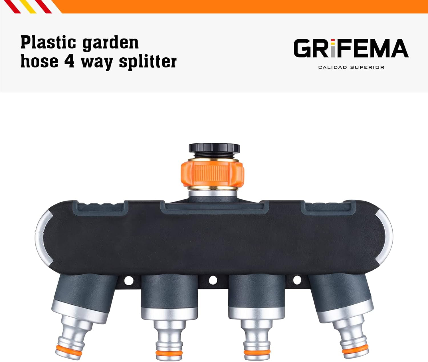 Distribuitor GRIFEMA cu 4 căi, racord de apă de 3/4 inch și 1/2 inch, 4 dispozitive pot fi conectate simultan, debit de apă reglabil, portocaliu/negru