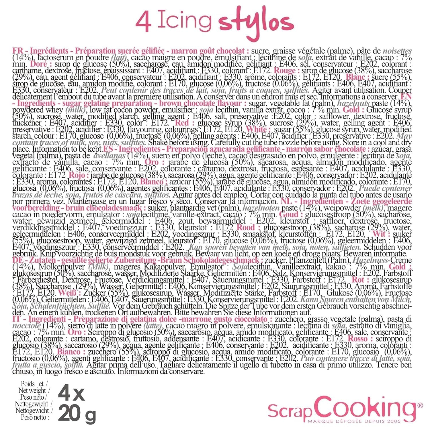 Scrapcooking – 4 markere pentru piese: auriu, ciocolatiu, alb și roșu – pixuri decorative comestibile pentru scris și desenat pe deserturi, prăjituri și biscuiți