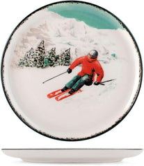 Set de veselă de Crăciun „Winter Escape” din gresie, format din 12 piese – Design nordic de iarnă cu motiv schior – Potrivit pentru mașina de spălat vase și cuptorul cu microunde