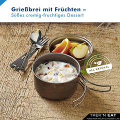Trek'n Eat Fruity Semolina Pudding – Cremiges, fruchtiges Grießdessert für Outdoor-Aktivitäten, Wandern und Notfallbedarf | Fertiger Grießpudding mit Wasser, lange haltbar, ohne Zusatzstoffe