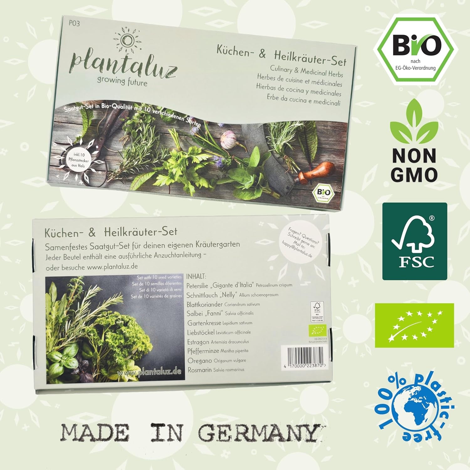 Plantaluz Premium Bio-Samen-Set P03 – Kulinarik- und Heilpflanzen-Samen-Set für Garten, Balkon und Innenbereich – inkl. Samen FSC-Pflanzstäbchen – Frei bestäubte, unbehandelte und gentechnikfreie Bio-Samen