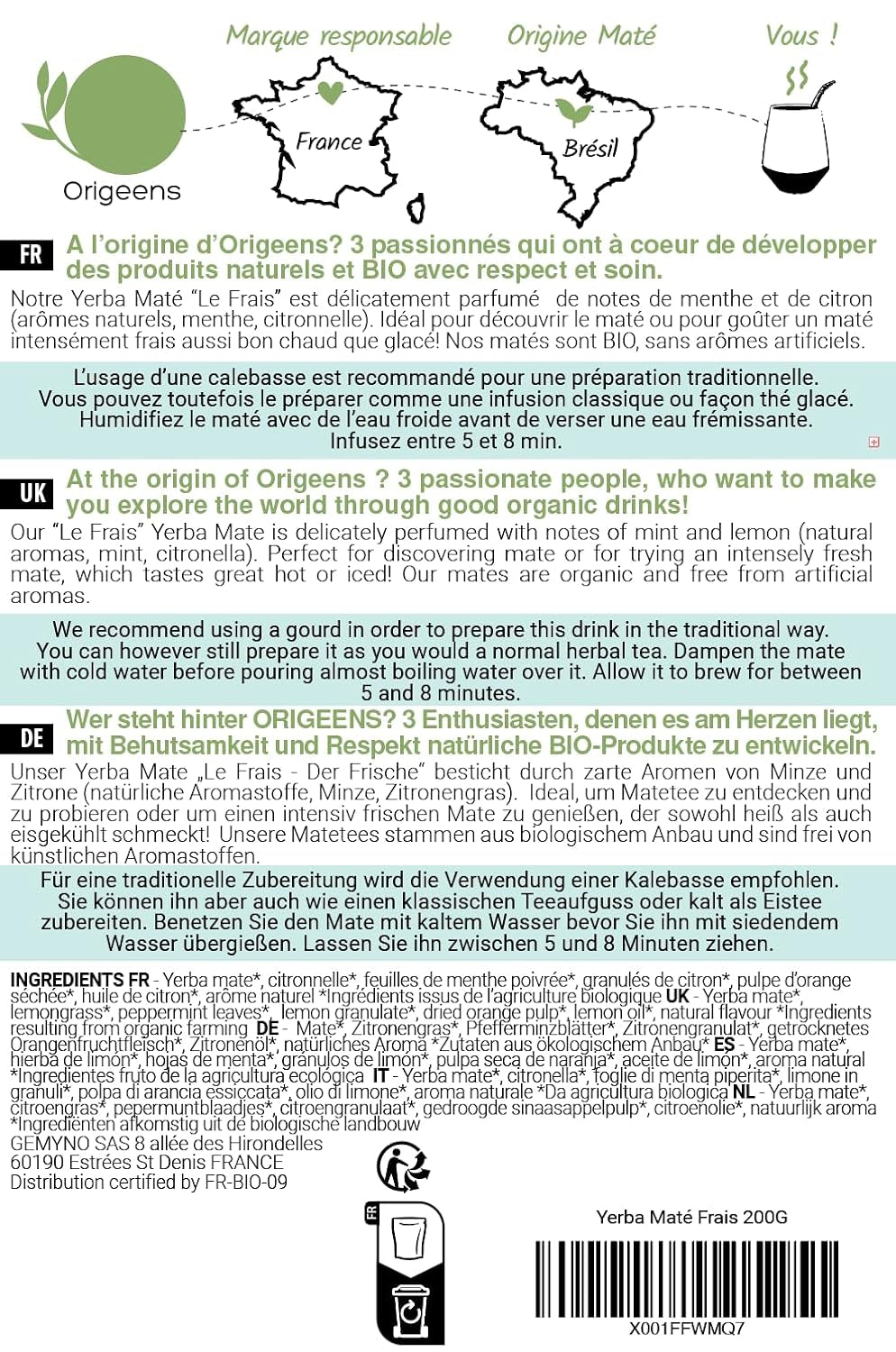 ORIGEENS BIO YERBA MATE CU MENTĂ ȘI LĂMÂIE 200 G - Prospețimea I Bio Yerba Mate neprăjită, frunze, fără tulpini și praf