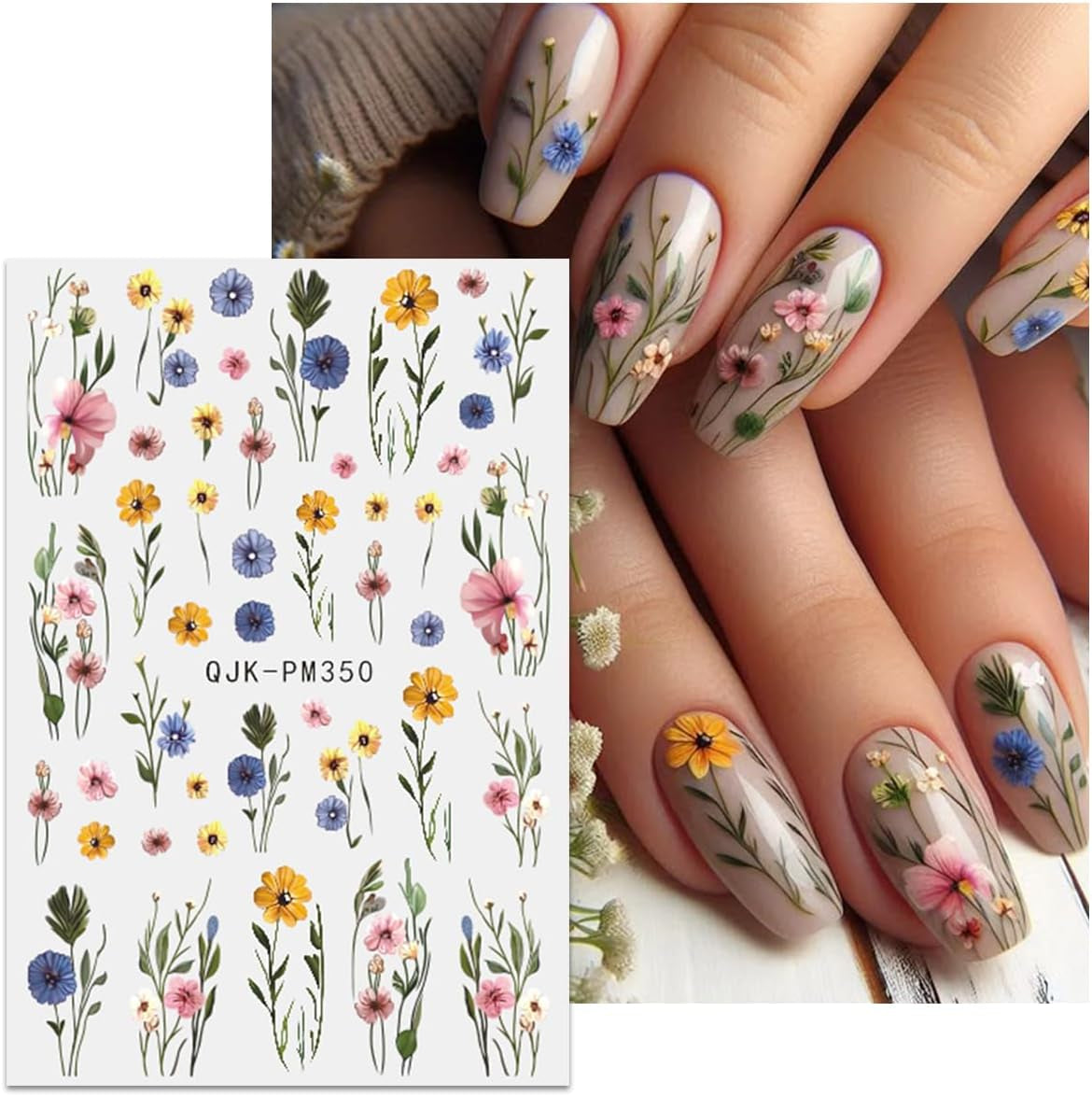 JMEOWIO Nagelsticker Bunte Blumen 9 Blatt Nail Art Sticker Selbstklebend Nagelaufkleber Frühling Sommer Blumen Dekoration Nageldesign Zubehör