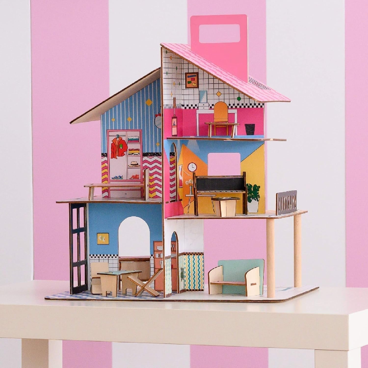 Olivia'S Little World 360 Puppenhaus aus Holz für Kinder, 8,9 cm große Puppen und 12 Zubehörteile, mehrfarbig, TD-13260C, Puppenhäuser, Naty Shop