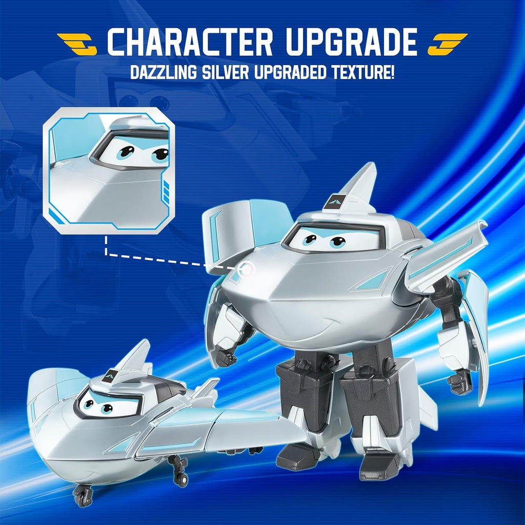 Super Wings Transformation Plane Supercharged Traver, Aprox. 12.7 Cm Figură mare de joacă pentru copii, avion de jucărie și figură de robot pentru băieți și fete de peste 3 ani, argintiu Action figures Naty Shop