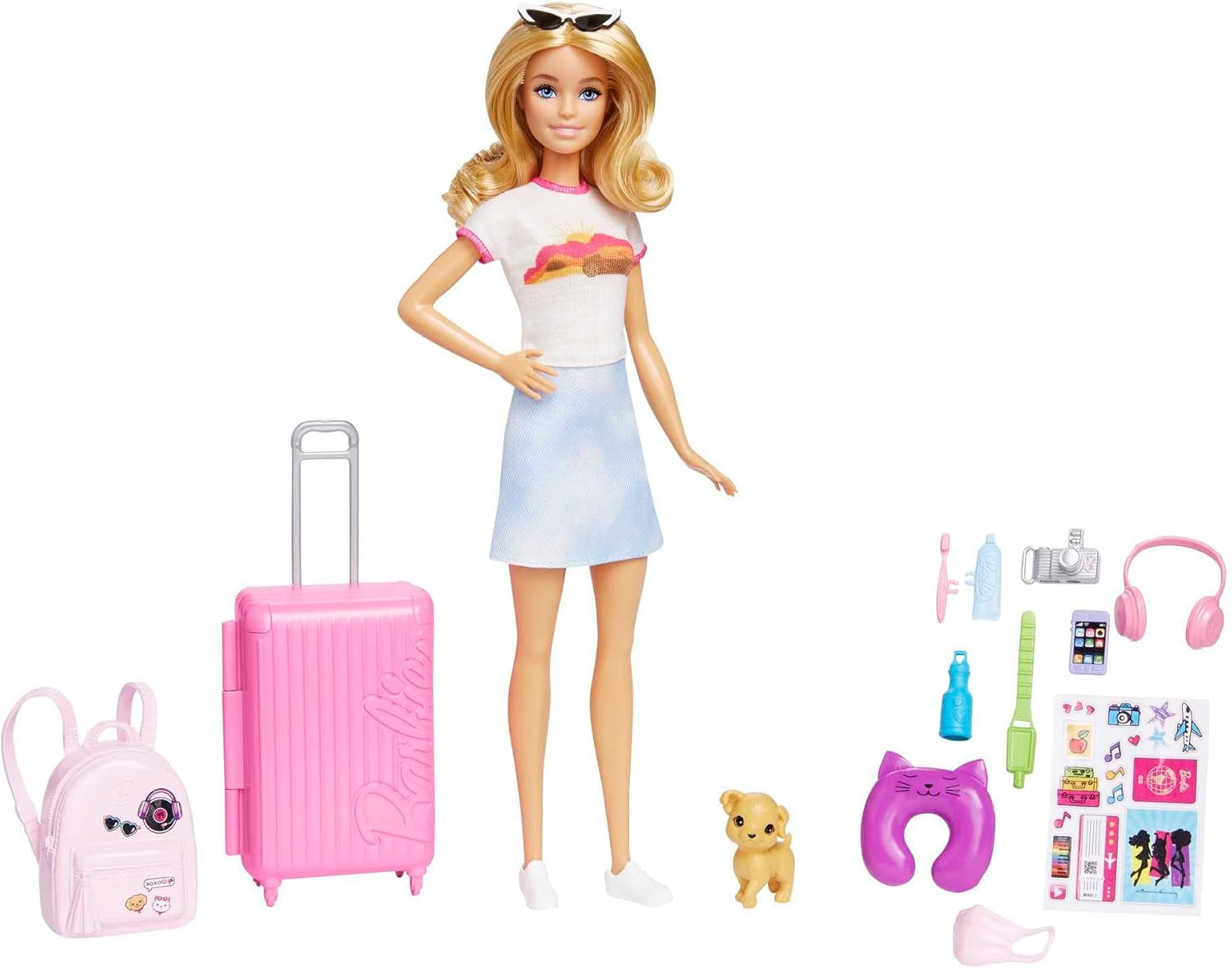 Păpușă Barbie, Barbie de călătorie cu păr blond, peste 10 accesorii de călătorie, autocolante, valiză, cățeluș, include 1 păpușă, cadou pentru copii, jucărie pentru vârsta de 3 ani și peste, HJY18