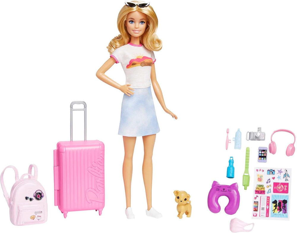 Păpușă Barbie, Barbie de călătorie cu păr blond, peste 10 accesorii de călătorie, autocolante, valiză, cățeluș, include 1 păpușă, cadou pentru copii, jucărie pentru vârsta de 3 ani și peste, HJY18