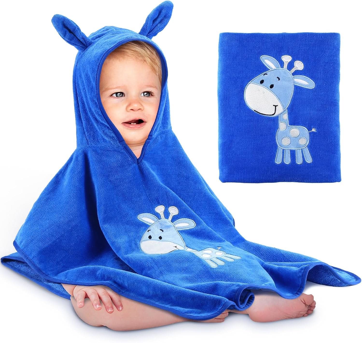 Oeko TEX Badeponcho für Kinder, 100 % Baumwolle. Mutter und Kind Naty Shop Blue Giraffe