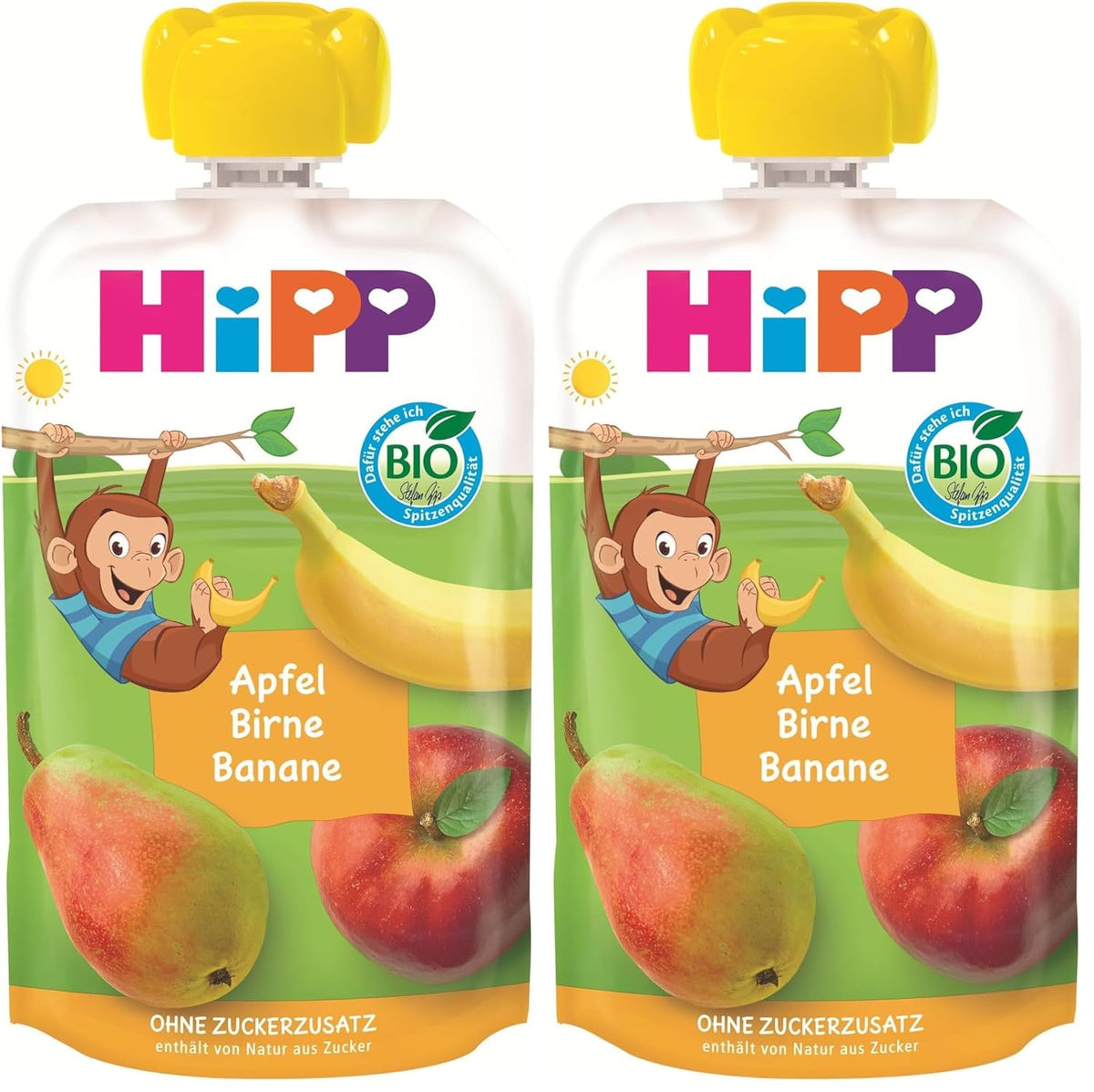 HiPP Bio-Fruchtbeutel, quetschbar, Apfel, Birne, Banane – Anton Maimuta (8 x 100 g), ab 1 Jahr, 100 % Fruchtpüree, ohne Zuckerzusatz, vegan, beste Bio-Qualität (2er-Pack)
