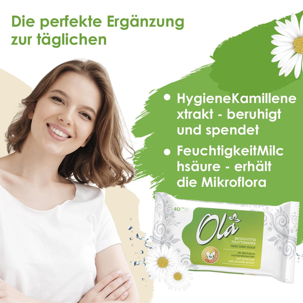 OLA hârtie igienică umedă - (1X40 bucăți) Șervețele umede - extract de mușețel și acid lactic, spălabile, piele sensibilă - 40 bucăți