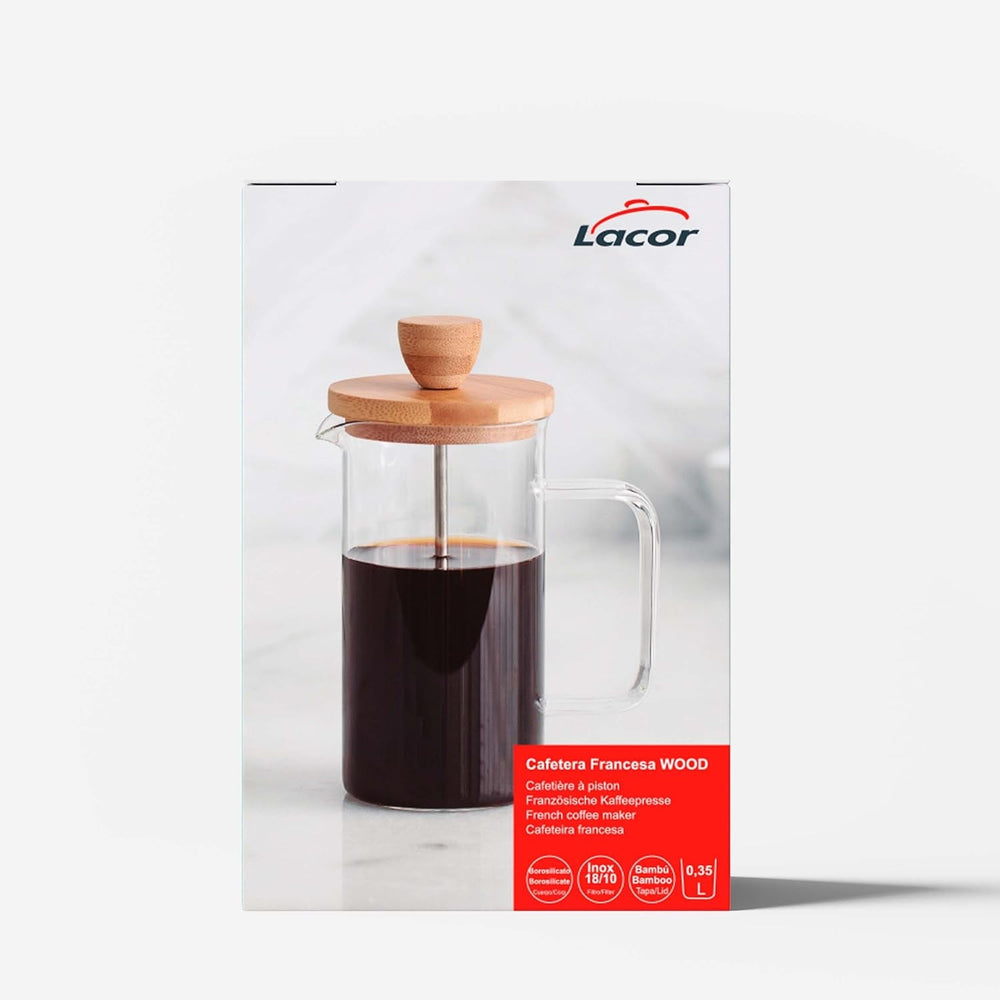 Cafetieră franceză, presă de cafea, aparat de cafea cu piston, ibric francez pentru cafea filtrată, 3 cești, 0,35 l, oțel și lemn
