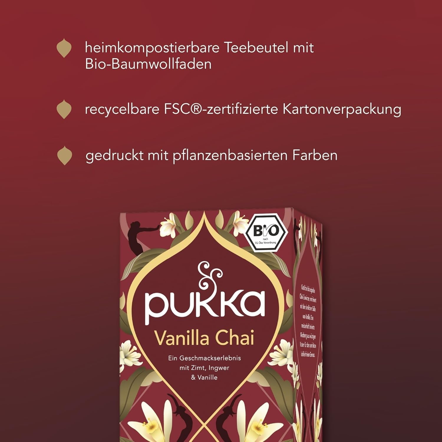 Pukka | Amestec de ceaiuri aromatizate bio „Vanilla Chai” | Scorțișoară, ghimbir și vanilie | Ceai pentru o răsfățare cu dulceață naturală | Pachet de 1 | 20 pliculețe de ceai