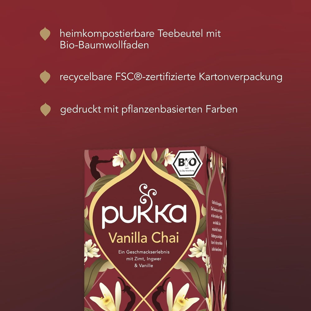 Pukka | Amestec de ceaiuri aromatizate bio „Vanilla Chai” | Scorțișoară, ghimbir și vanilie | Ceai pentru o răsfățare cu dulceață naturală | Pachet de 1 | 20 pliculețe de ceai