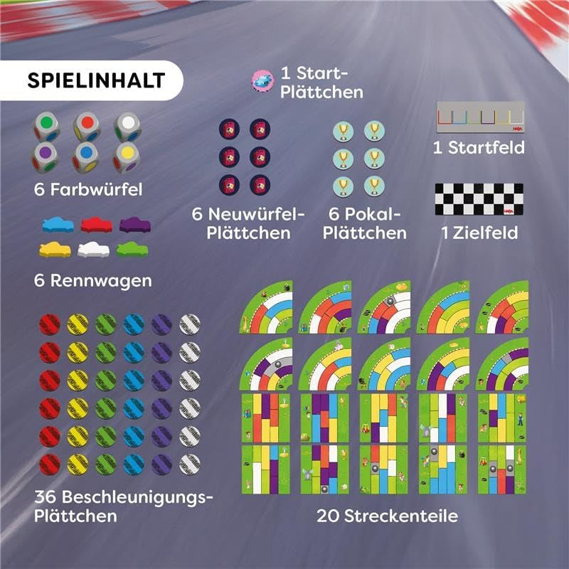 HABA Monza – Schnelles Brettspiel und Autorennspiel für Kinder ab 5 Jahren – mit 6 bunten Holzautos und bunten Würfeln – 2012226001