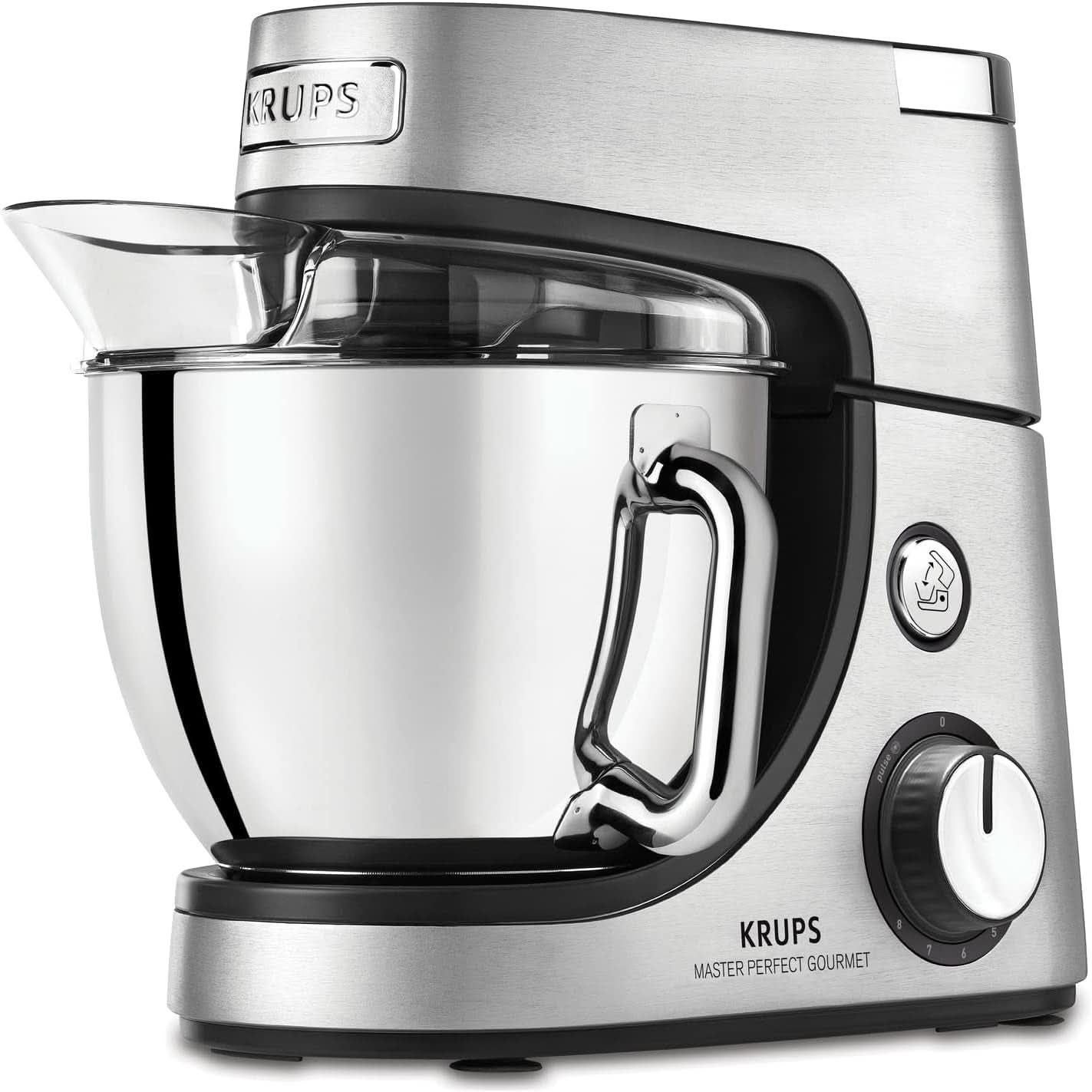 Krups KA631D Master Perfect Gourmet Küchenmaschine | 1100 Watt | 8 Geschwindigkeiten | 4,6-Liter-Edelstahlschüssel | 5 Zubehörteile: Backset, flexible Schüssel, Schneideeinheit | Mutter und Kind aus gebürstetem Edelstahl Naty Shop
