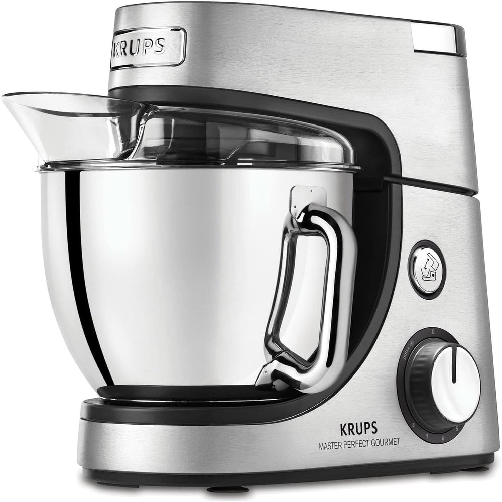 Krups KA631D Master Perfect Gourmet Küchenmaschine | 1100 Watt | 8 Geschwindigkeiten | 4,6-Liter-Edelstahlschüssel | 5 Zubehörteile: Backset, flexible Schüssel, Schneideeinheit | Mutter und Kind aus gebürstetem Edelstahl Naty Shop