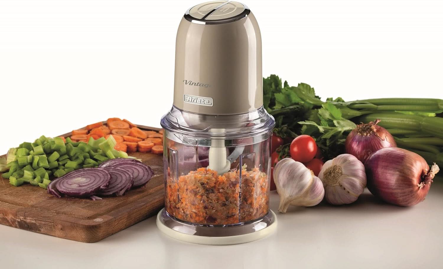 Ariete Vintage 438, Retro Elektrischer Gemüse- Und Ice-Crusher Mit 2 Geschwindigkeitsstufen, 4 Edelstahlklingen, Rutschfesten Standüßen, 600 Ml Fassungsvermögen, 400W, Beige Mama si Copilul Naty Shop