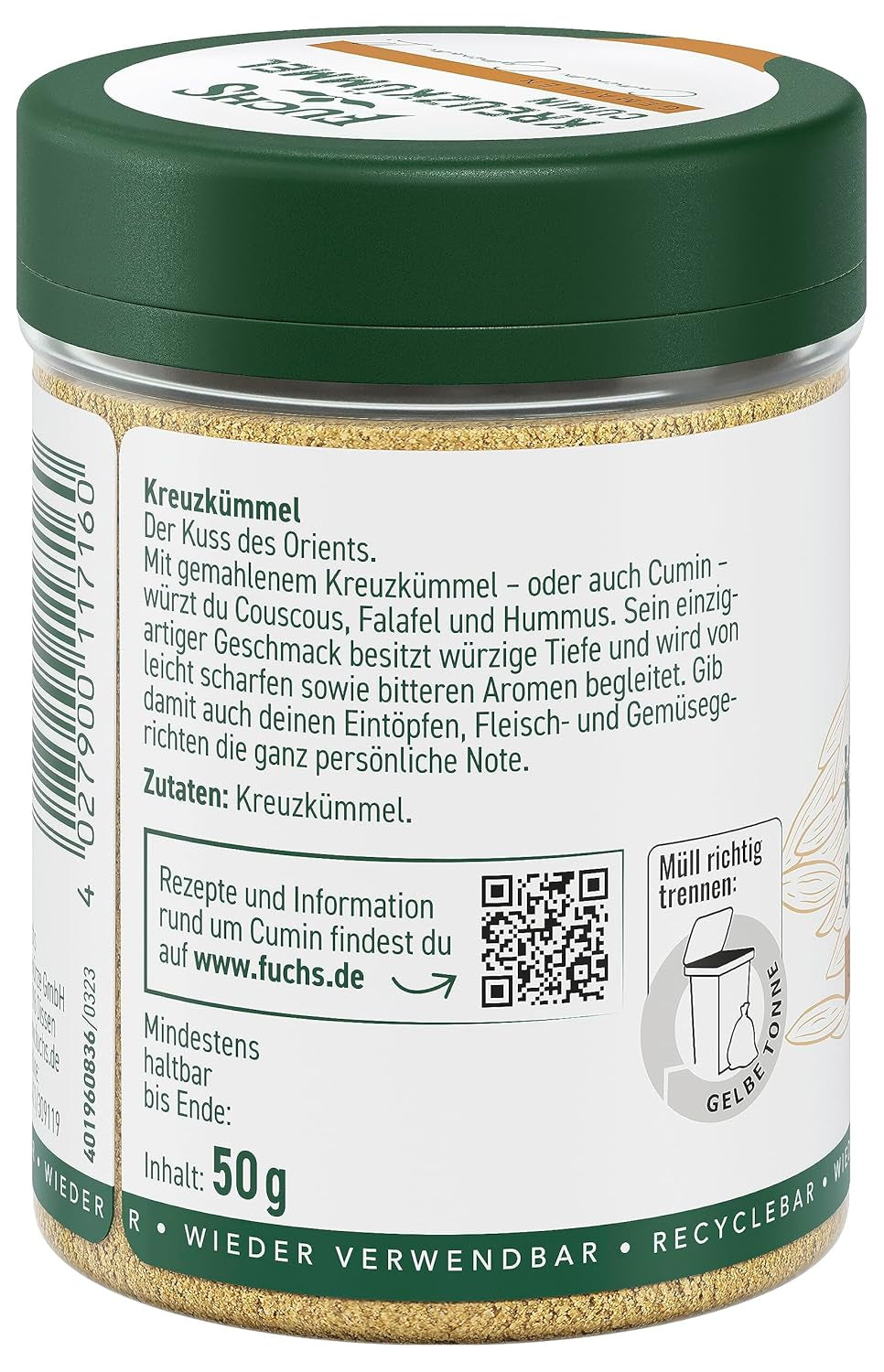 Fuchs Gewürze - Kreuzkümmel gemahlen - zum Würzen von Couscous, Hummus und Falafel - natürliche Zutaten - 50 g in wiederverwendbarer, recyclebarer Dose