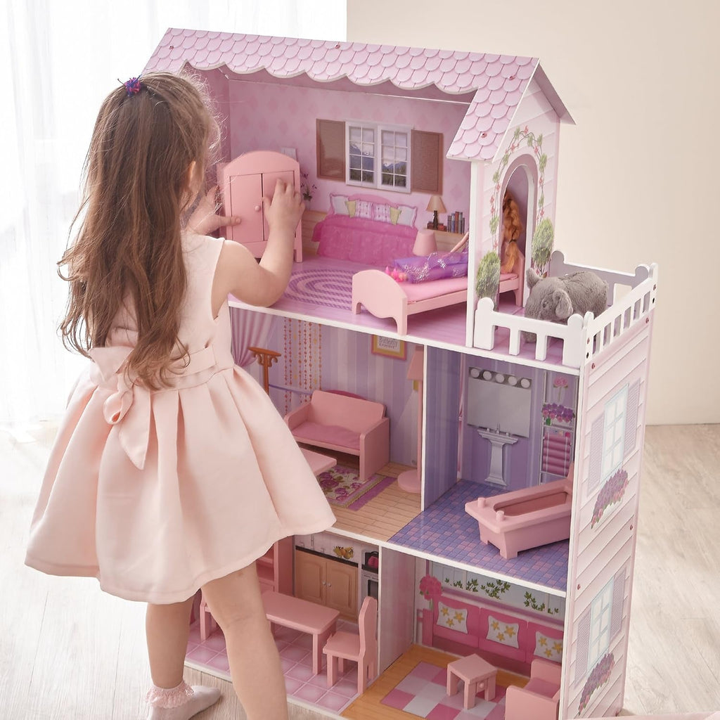 Olivia's Small World Giant Dollhouse, casă mare de păpuși din lemn cu mobilier și accesorii, casă de păpuși cu 3 etaje pentru copii, casă de păpuși pentru păpuși de 12", 3 ani + Casute de papusi Naty Shop