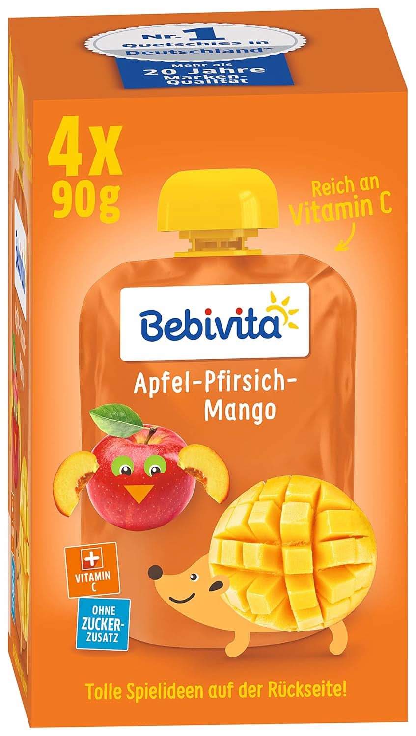 Lustige Früchte und Müsli für Kinder, ganz in Äpfeln-Bananen, 4er-Pack (4 x 90 Gramm) Mutter und Kind Naty Shop Apfel-Pfirsich-Mango