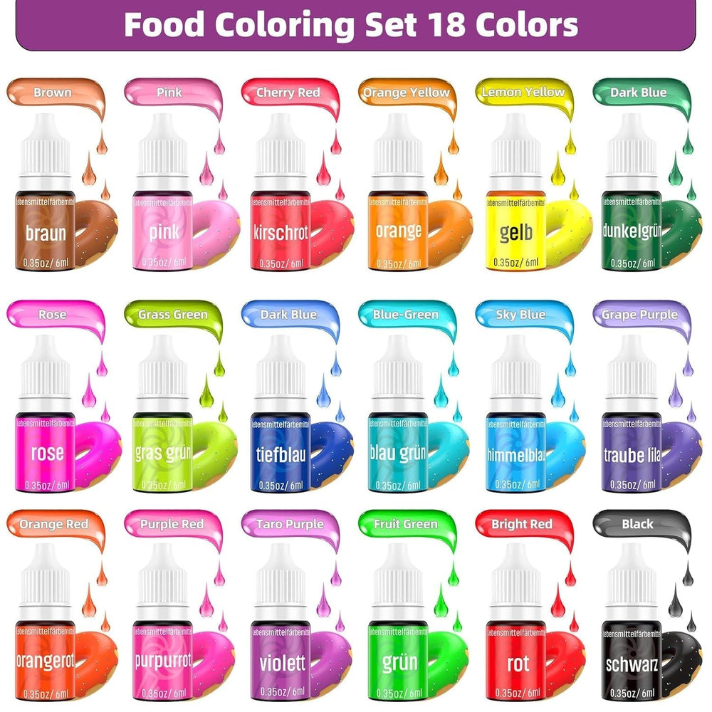 Colorant alimentar 18 culori x 6ml, colorant alimentar lichid, set de coloranți alimentari, culori de copt pentru decorarea torturilor, colorant alimentar pentru torturi, macaroane, glazură, fondant, accesorii de copt DIY