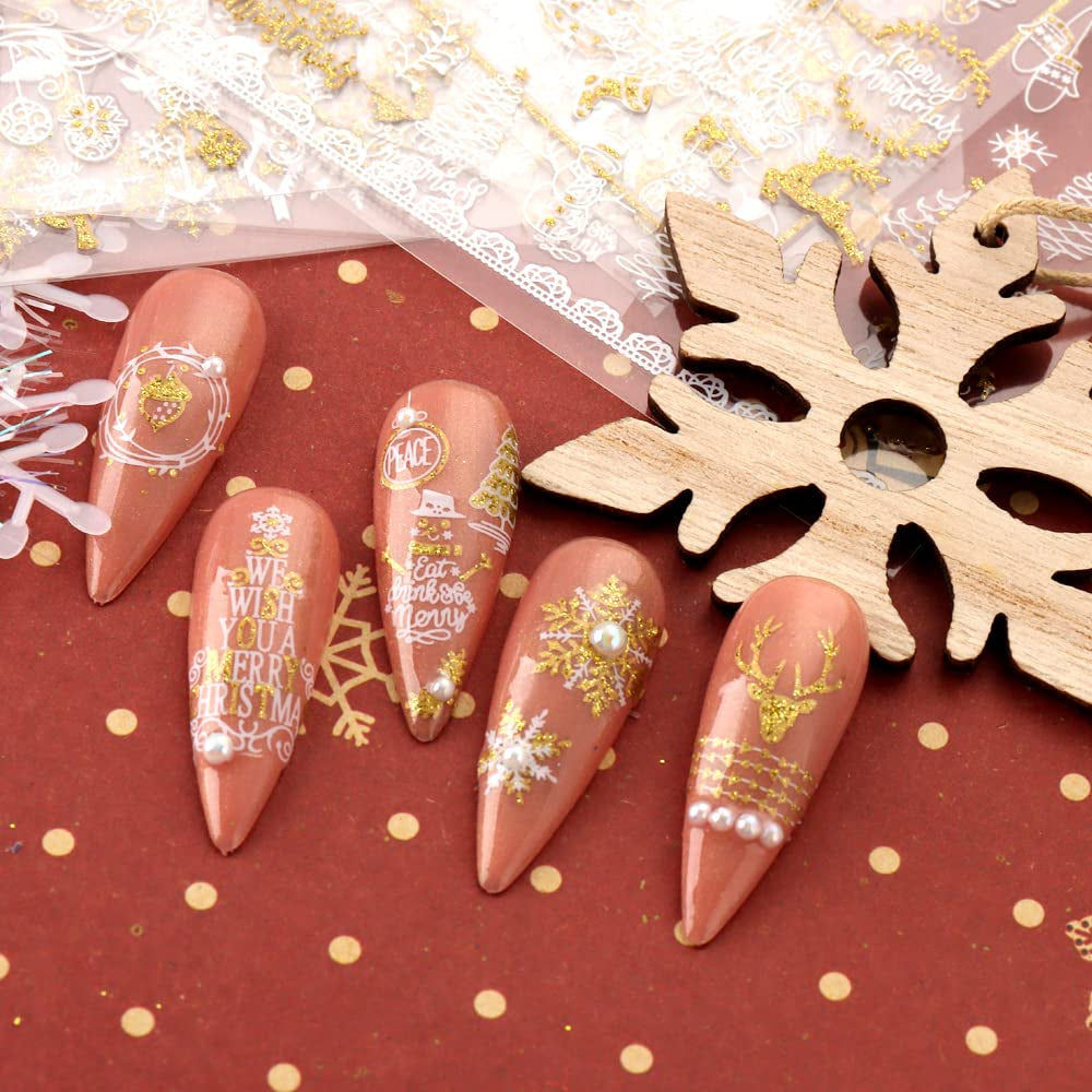 JMEOWIO Nagelsticker Weihnachten 9 Blatt Nail Art Sticker Selbstklebend Nagelaufkleber Schneeflocke Schneemann Festival Weißes Gold Dekoration Nageldesign Zubehör