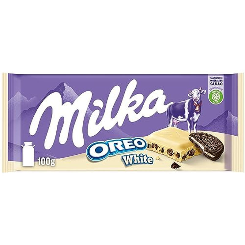 Milka Oreo Sandwich – Alpenmilchschokolade, gefüllt mit knusprigen Oreo-Keksstückchen und zarter Vanillecreme – 92g