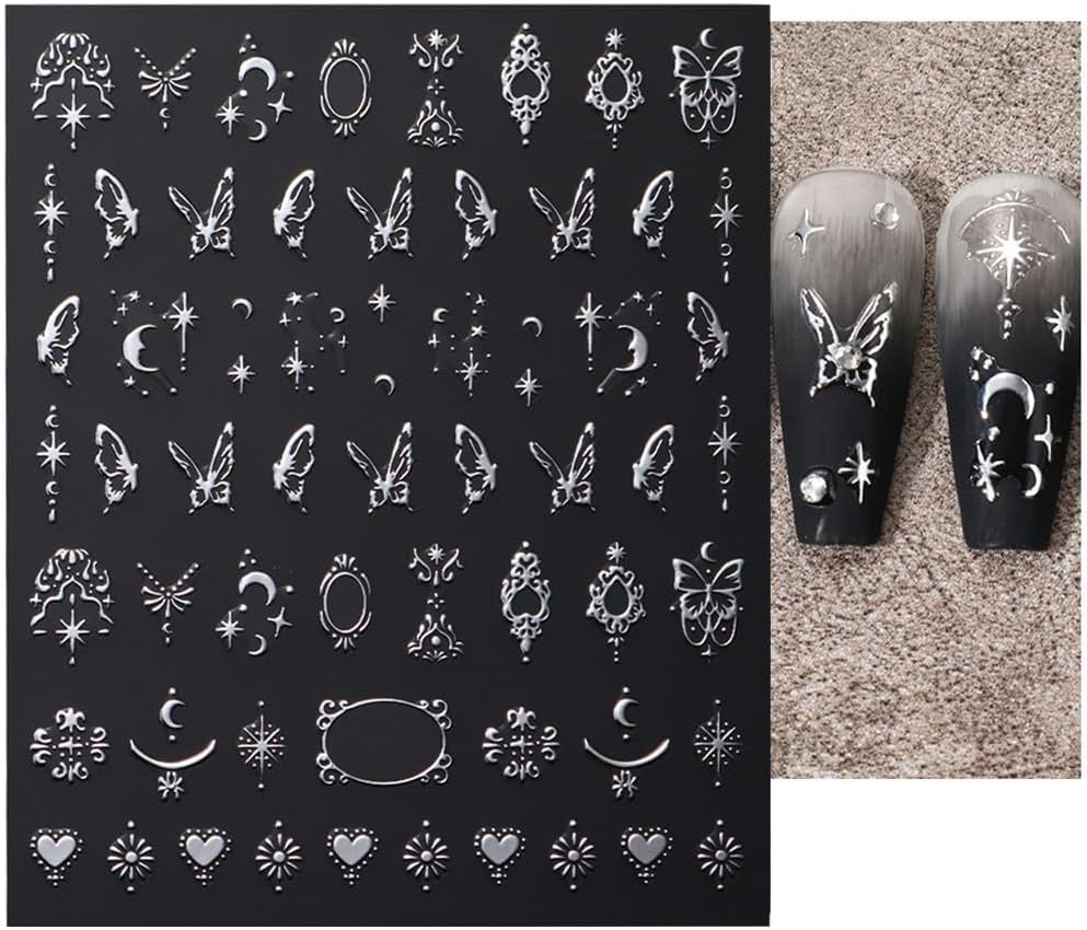 Autocolante 3D metalice argintii pentru unghii, autocolante pentru unghii pentru femei, stea, lună, soare, folie de unghii, autocolante autoadezive, autocolante fluture pentru unghii, autocolante pentru unghii, accesorii pentru design unghii, 8 bucăți