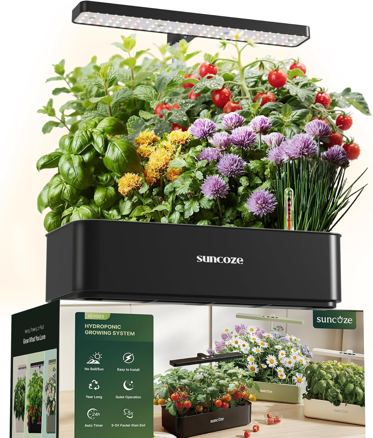 12 Kapseln Hydrokultur-Anbausystem-Kit, 24-W-LED-Gartenlampe für den Innenbereich, 4-Liter-Wassertank mit leiser Pumpe, höhenverstellbarer Kräuterpflanzer, Indoor-Gartenset, Gartengeschenke, Beige