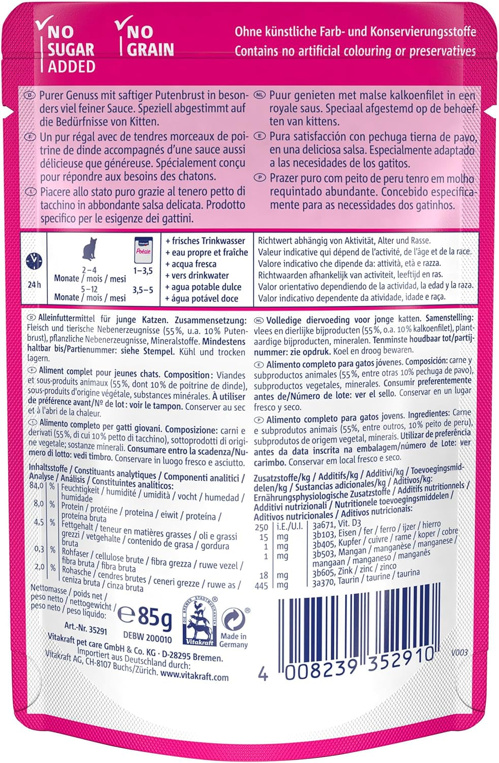 Vitakraft Poésie Délice, Junior, Hrană umedă pentru pisici, Hrană umedă în sos, cu curcan, Pachet multiplu, pentru pisici tinere, Fără zahăr adăugat sau cereale (23 x 85g)