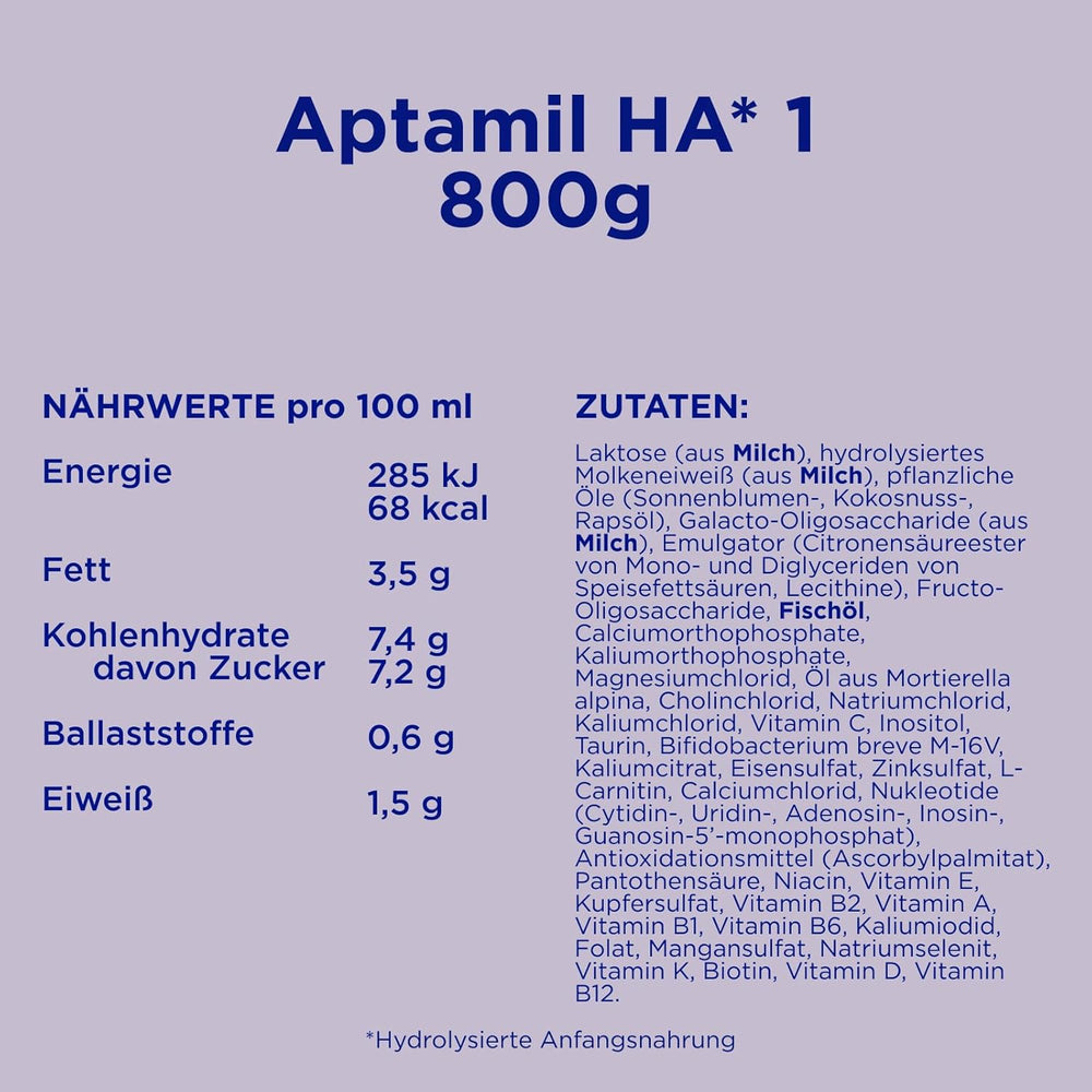 Aptamil HA 1 - Säuglingsnahrung ab der Geburt, mit DHA, laktosefrei, palmölfrei, Babynahrung, Milchpulver, 1 x 800 g
