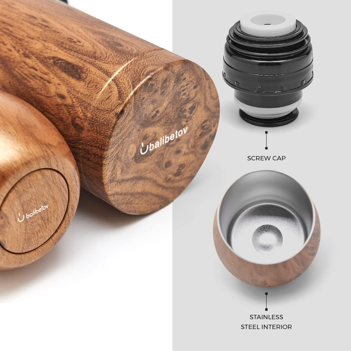Set complet Balibetov Yerba Mate – Calabash modern, sticlă izolată, bombilla și perie de curățare incluse în livrare – Toate din oțel inoxidabil 304 18/8 de calitate premium (lemn)