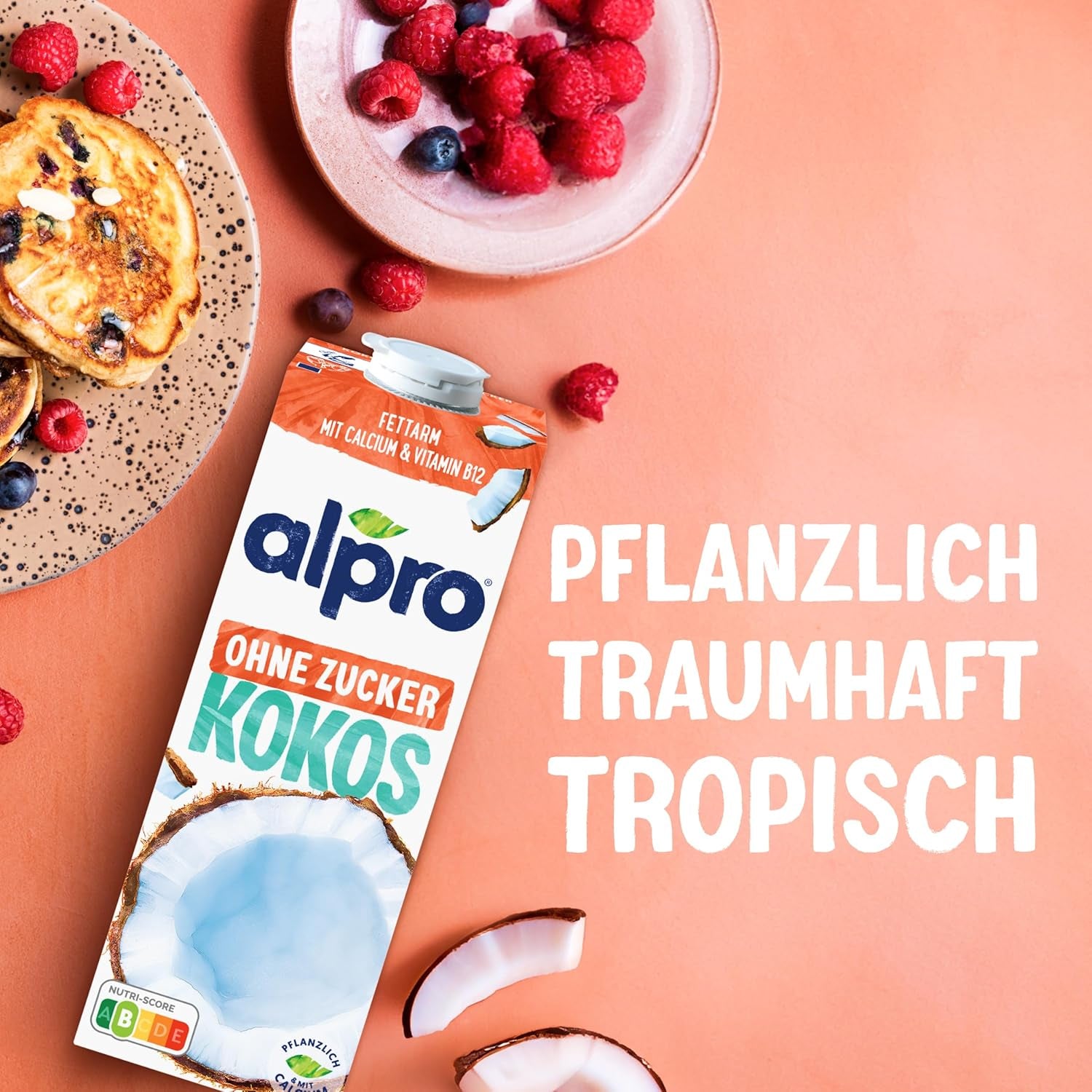 Alpro Kokosnussdrink ohne Zucker – Ohne Süßstoffe – Vegan und milchfrei – Von Natur aus laktosefrei und fettarm – Reich an Kalzium und Vitaminen – 8 x 1 L