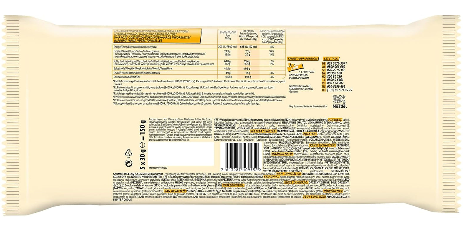 Nestlé LION Multipack, Schokoriegel mit weißer Glasur, köstlicher Karamellfüllung und knuspriger Waffel, große Bonbonpackung, 4er-Pack (je 5 x 30 g)