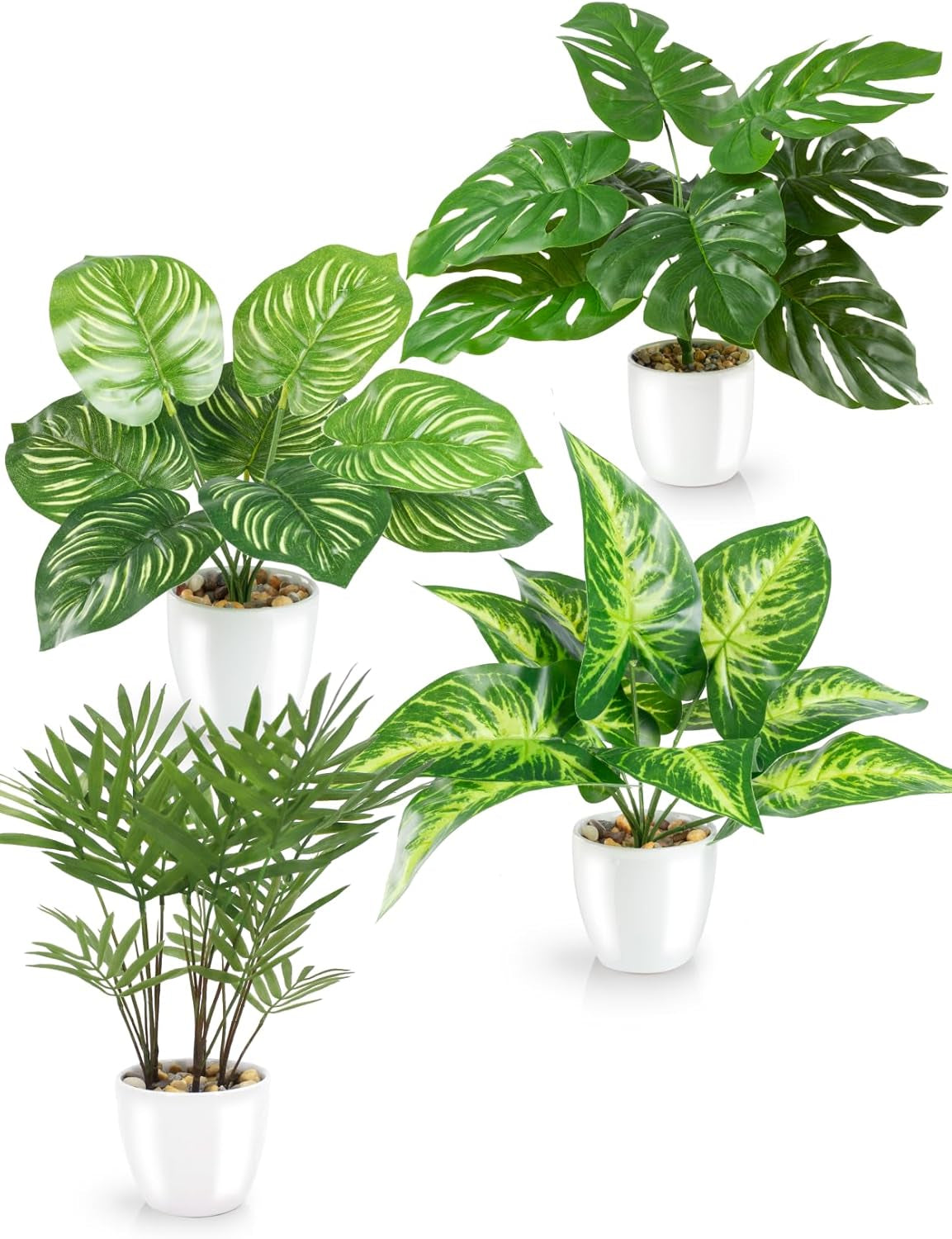 PASCH® 4Er Set Tropische Kunstpflanzen Wie Echt (35Cm) in Weißen Keramiktöpfen: U.A. Monstera Künstlich & Areca Kunstpalme | Künstliche Pflanzen Im Topf | Fake Plant | Kunstblumen Im Topf