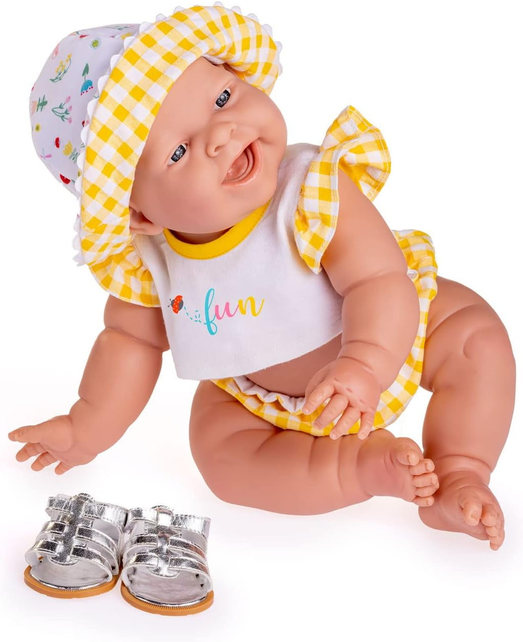 JC Toys - Lola Lemon Twist Puppe, 36 cm, weiches Vinyl, lächelndes Gesicht, sitzende Puppe, Kleidung mit Vichy und Sandalen, Mädchen, 2 Jahre