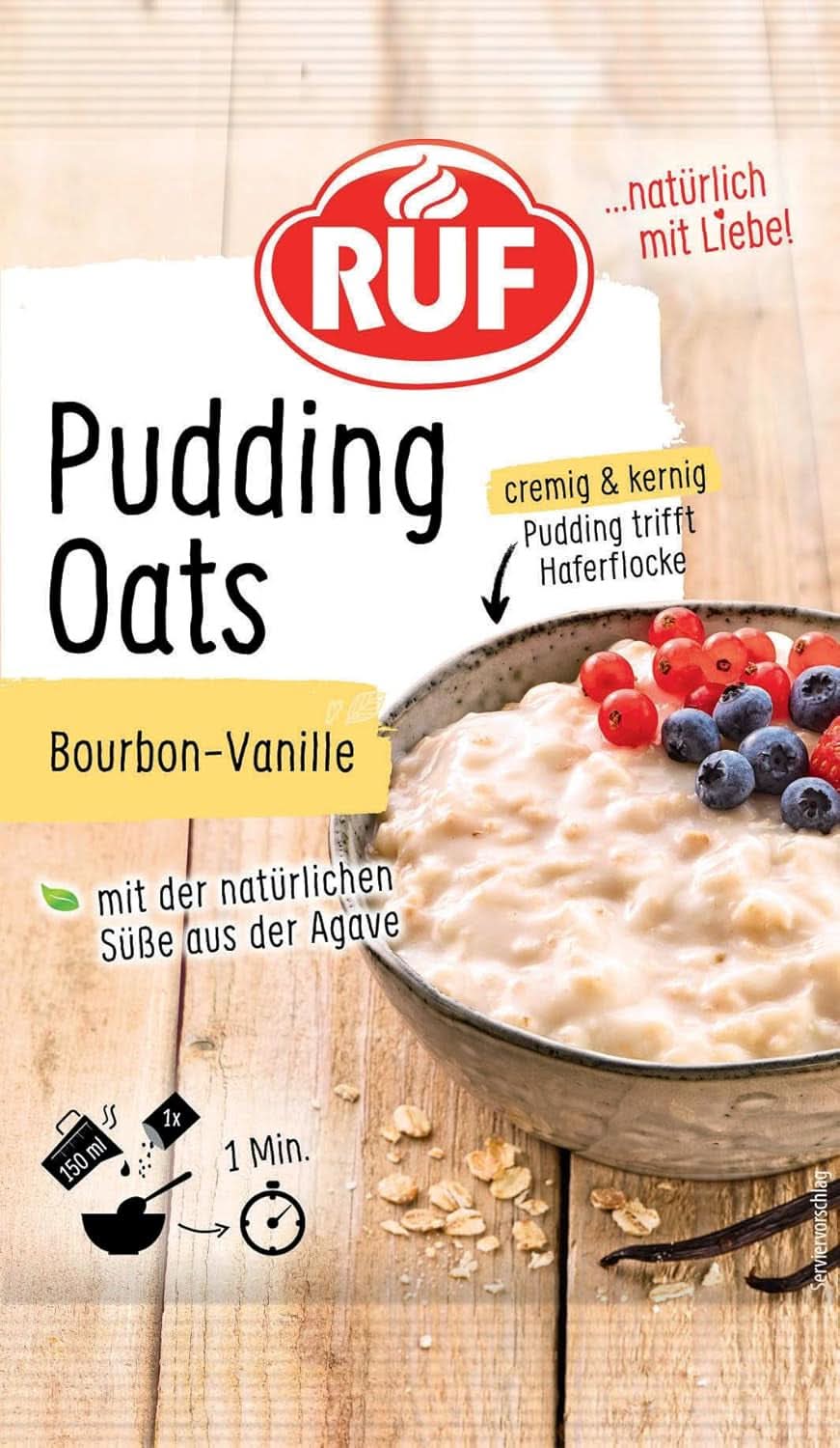RUF Pudding Oats Caramel, budincă de caramel și fulgi de ovăz integral, fără zahăr, îndulcit cu sirop de agave, 64 grame Cereale Naty Shop 60 grame Vanilie
