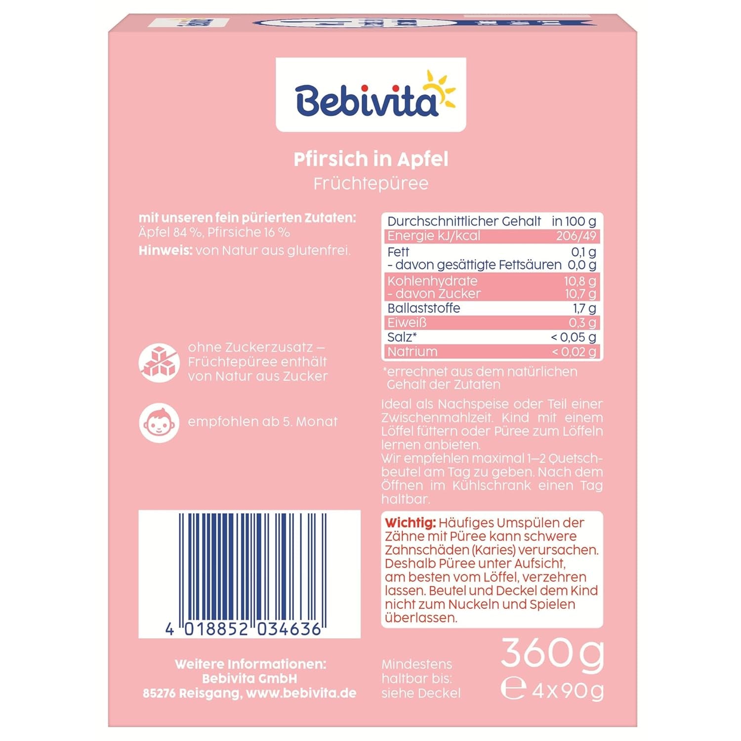 Quetschbare Pfirsich-Apfel-Beutel – 16er-Pack (4 Packungen à 4 x 90 g), ohne Zuckerzusatz, glutenfrei, vegan, ideal für Babys ab 5 Monaten, perfekt zum Mitnehmen