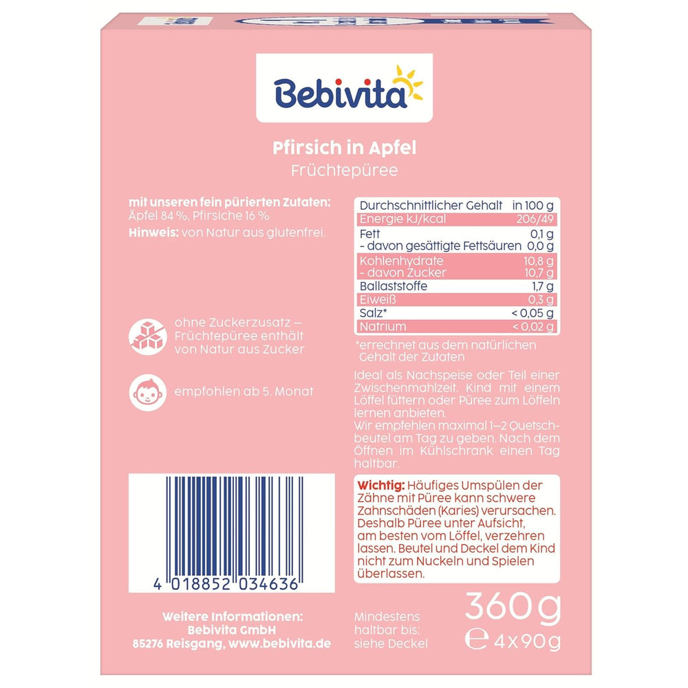 Quetschbare Pfirsich-Apfel-Beutel – 16er-Pack (4 Packungen à 4 x 90 g), ohne Zuckerzusatz, glutenfrei, vegan, ideal für Babys ab 5 Monaten, perfekt zum Mitnehmen