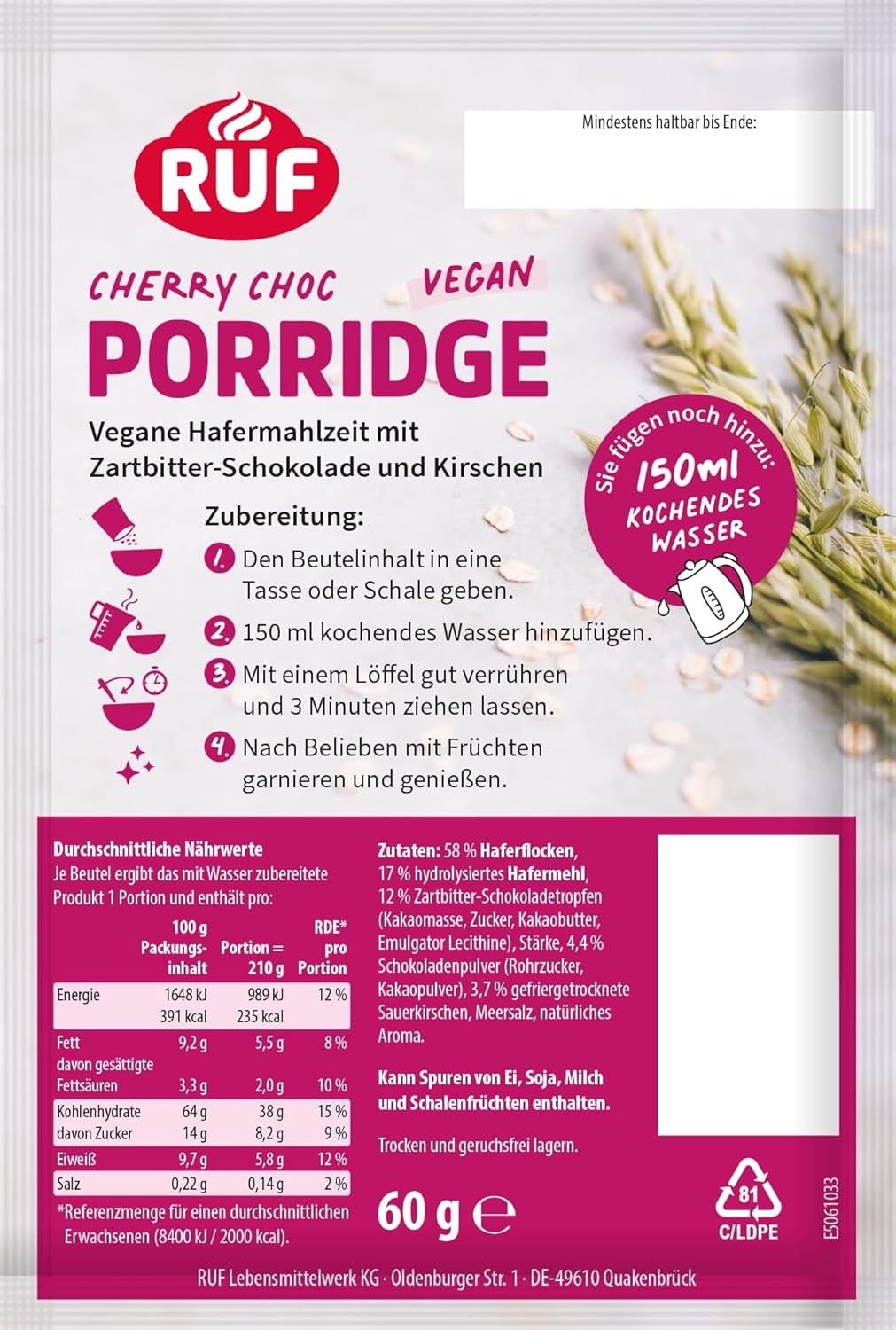 Vegan Porridge Oat Cherry Choc, Oatmal Mit Zartbitter-Schokolade & Kirschen, Einfache Zubereitung, Im Praktischen Portionsbeutel, 1 X 60 G (Packung Mit 3) Cereale Naty Shop