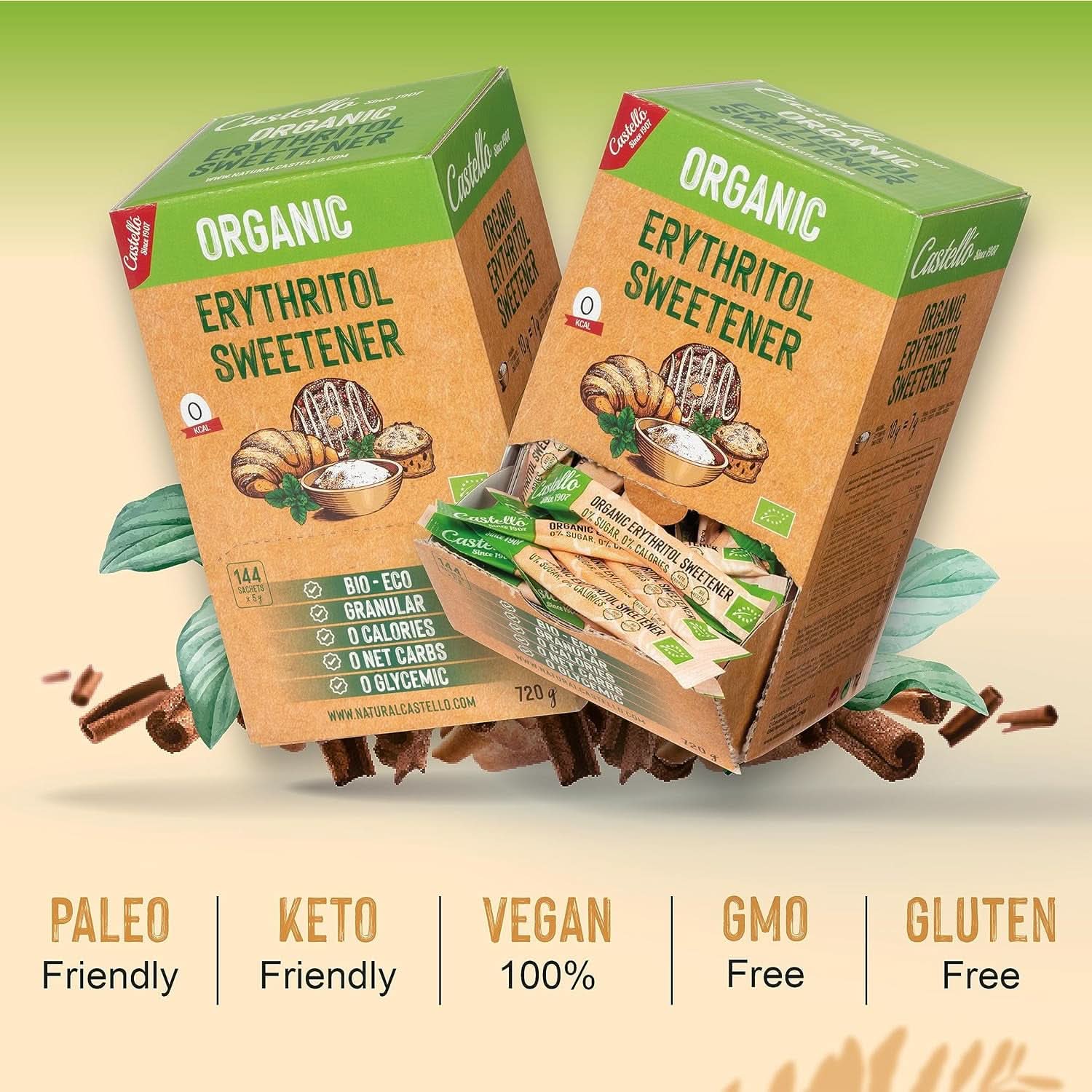 Natürliches Bio-Erythrit | 144 Beutel mit 5 g, insgesamt 720 g Süßstoffe von Naty Shop