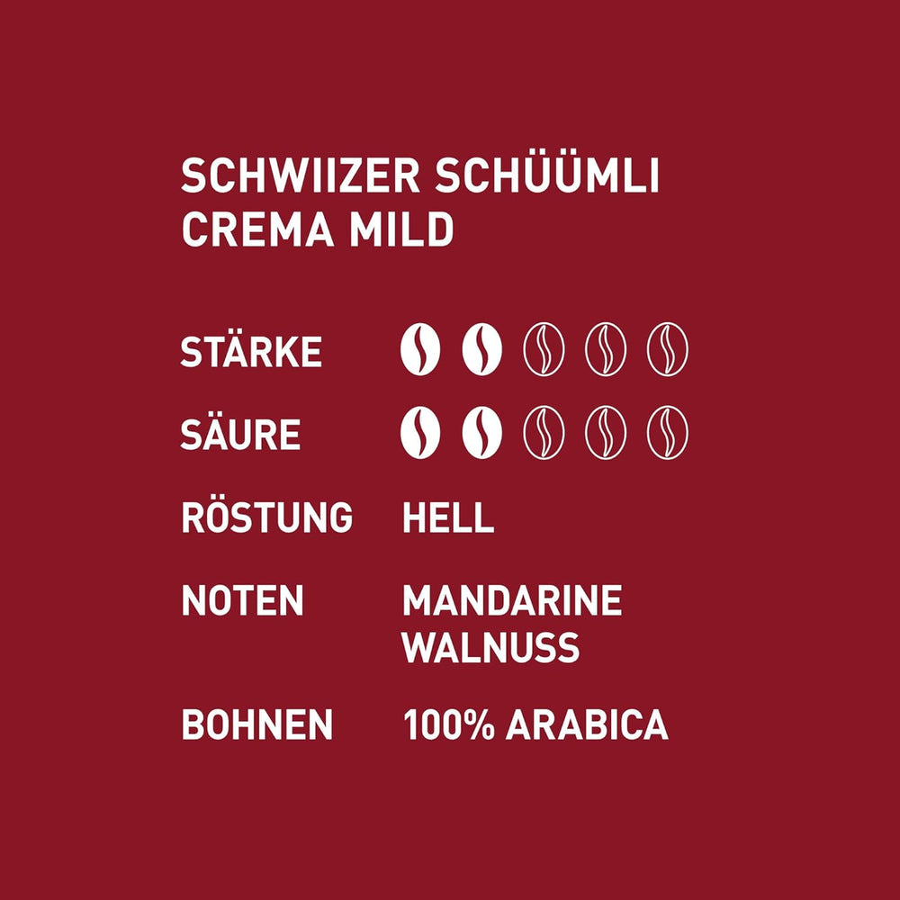 Schwiizer Schüümli Crema Mild, boabe de cafea Arabica 100% premium, fructate și cu aromă de nucă, pentru aparate de cafea complet automate, tărie 2/5, prăjire ușoară, certificat Rainforest Alliance, 1kg (pachet de 2)