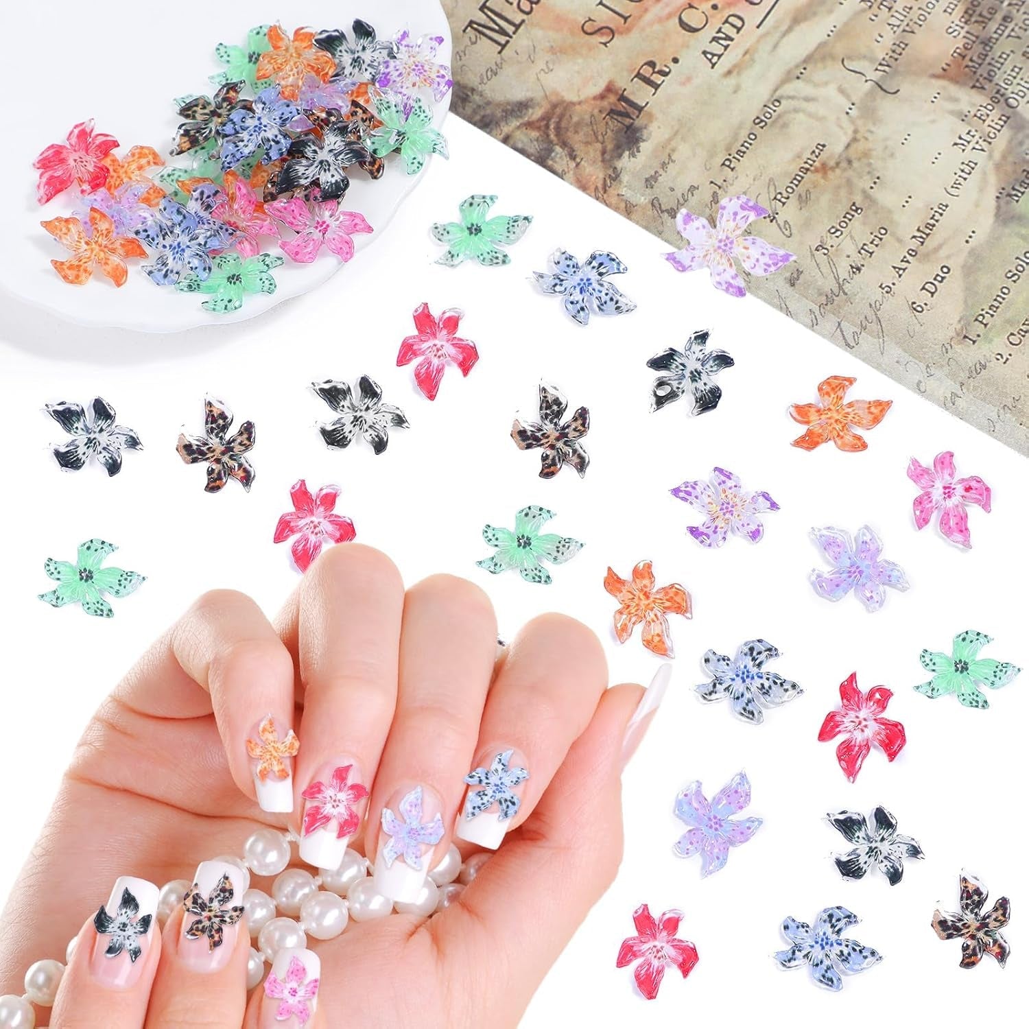 50 Pcs 3D Blumen Nägel Nail Charms Bunt Gelee Weich Kleber Lilie Flower Blume Nagel Hibiscus Zubehör Nageldesign Eis Kristall Geprägt Farbverlauf Lilien Für Mädchen Frauen Diy Basteldekoration